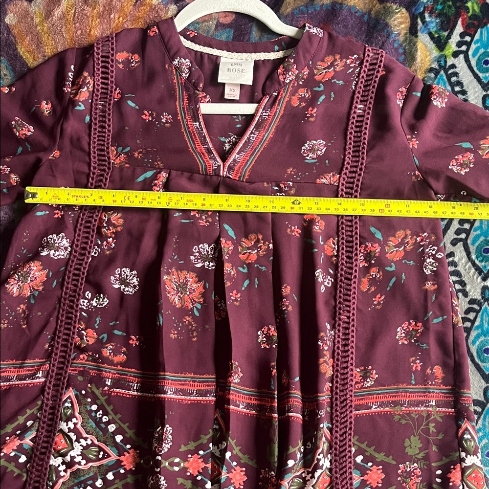 KNOX ROSE Burgundy Floral Boho Tunic Polyester Blouse Size XS - Picture 7 of 8